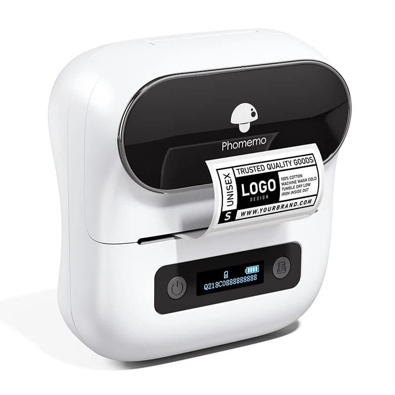 Phomemo M220 hvid labelprinter i brug — officielt exact-model produktbillede